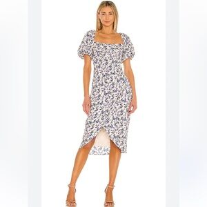 Astr The Label Floral Rouched Square Neck Bubble Sleeve Midi Dress Size M